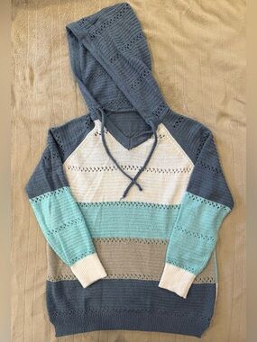 Striped Hooded Knit Sweater in Blue, Aqua, Cream, Tan